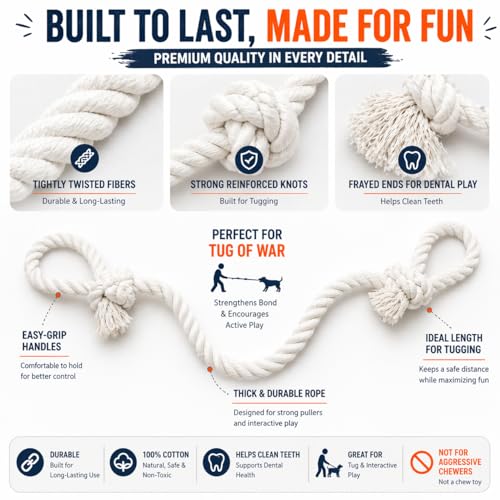 Cotton Dog Rope Toy with Dual Handles 45" Extra Long Tug Toy for Medium to Large Dogs (Interactive Play)