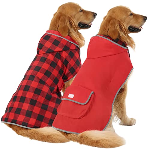 2-in-1 Reversible Dog Raincoat Hooded Poncho Rain Jacket Red Plaid XXL (XX-Large / Buffalo Plaid / Red)