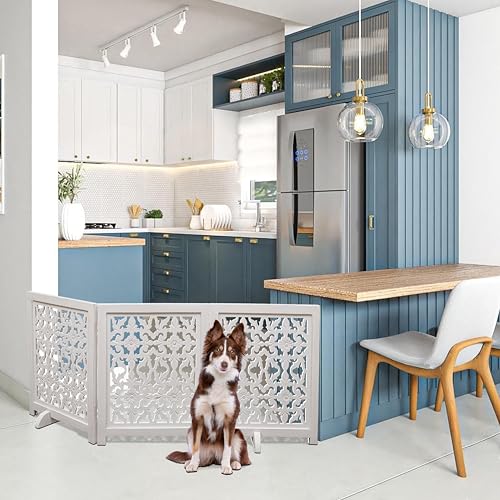 Freestanding Pet Gate for Dogs (White Antique / 54x22.5" 3 Panel Flower)