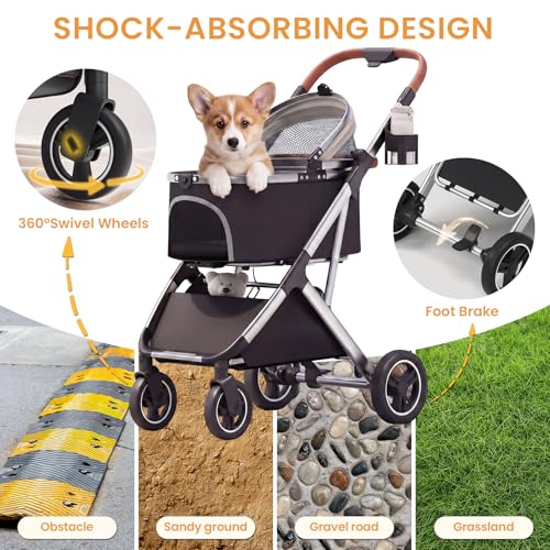 Dog Strollers for Small Medium Dogs Cats 44 lbs (Black&Beige)