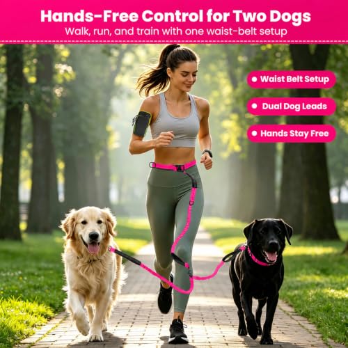 Hands Free Double Dog Leash (Bright Pink)