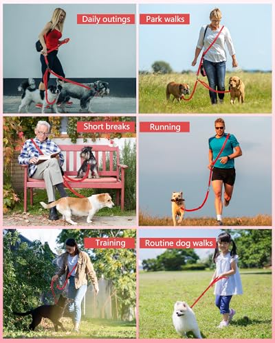 3-in-1 Double Dog Leash, Hands-Free Convertible Leash for 1 or 2 Dogs (Red)