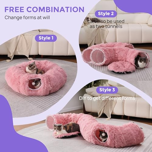Plush Cat Tunnel Bed for Indoor Cats with Soft Cushion (Pink)