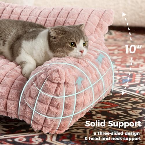 Cat Couch Bed with Fluffy Faux Rabbit Fur for Indoor Cats (Pink / Small: 24"L x 18"W x 10"Th)