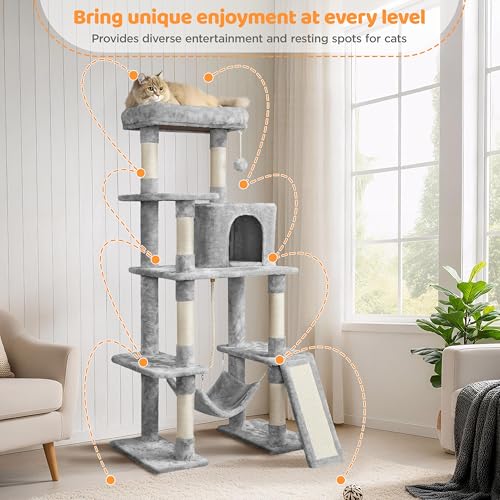 Cat Tree Tower for Large Cats (Light Gray / 54in)