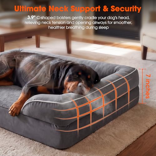 Waterproof Orthopedic Dog Bed for Extra Large Dogs with Bolster (Grey / XXL Wide (48"x35" - 3.5" Thick))