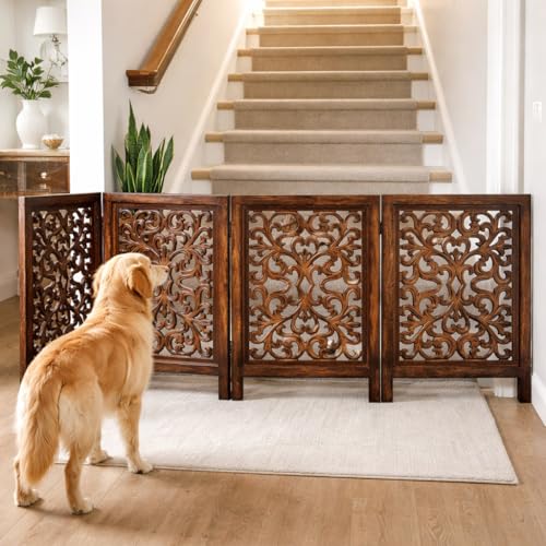 Freestanding Wood Pet Gate (Burnt / 72"x24" Leaf 4 Panels)