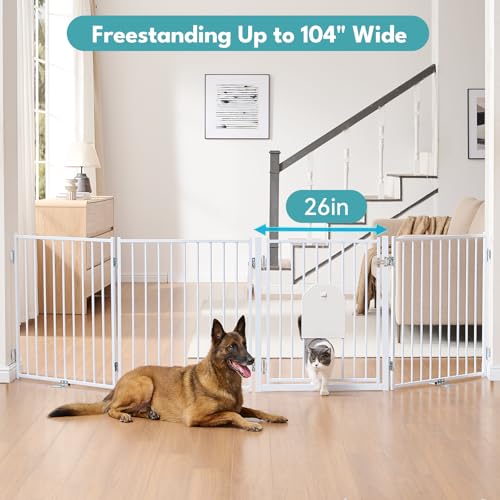 Freestanding Dog Gate with Cat Door for Indoor & Outdoor (White / 【4 Panels with Cat Door】30''Tall, 104" Wide)
