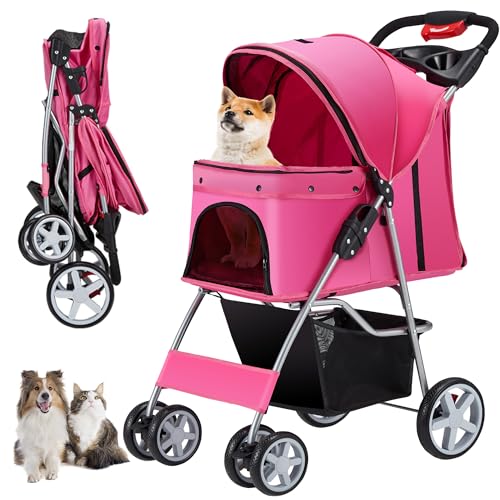 Foldable 4 Wheel Pet Stroller for Dogs Cats 10 (Pink)