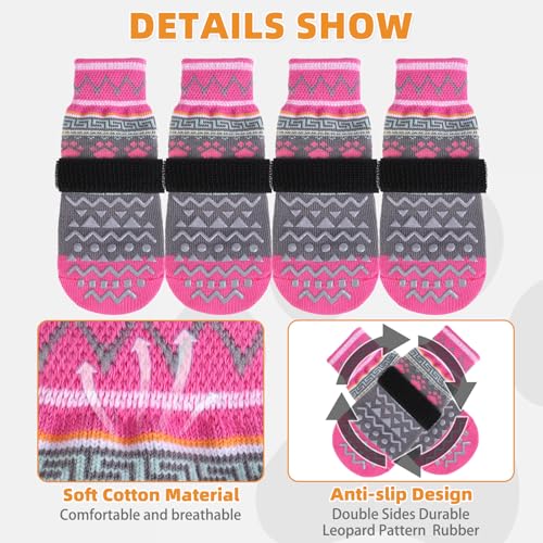 Dog Socks to Prevent Licking Paws for Hardwood Floors Anti Slip (Pink Ornamentation / Small/Medium (4 Pack))