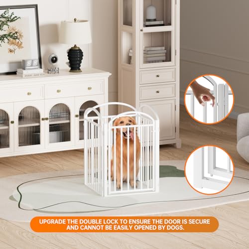 4 Panles Full Matel Freestanding Dog Gates with Door (【4 Panels with Door】96"W*32H" / White)