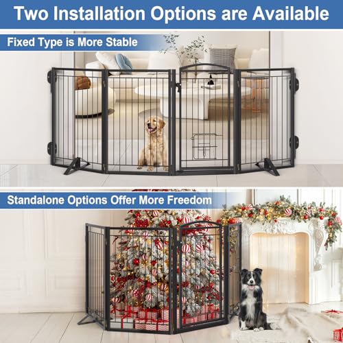 Full Metal Freestanding Dog Gate with Cat Door for Indoor & Outdoor (Black / 【4 Panels with Door】80"W×32"H)