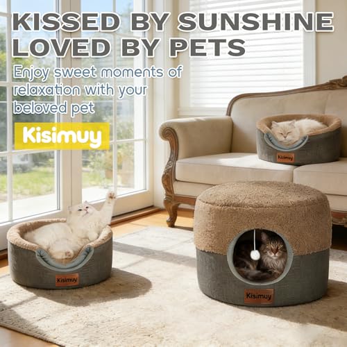 2-in-1 Cat Bed Cave, Cozy Covered Cat Beds for Indoor Cats,Pet Bed (Brown / S-15.7"Lx15.7"Wx13"H)