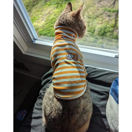 Turtleneck Dog Shirt Cute Doggie Embroidery Super Soft Dog Sweatshirt Stretchy Striped Puppy Pullover for Cats Small Medium Large Dogs (Yellow Striped / Large)