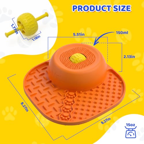 Slow Feeder Dog Bowls with Rolling Ball & Lick Mat (Orange)