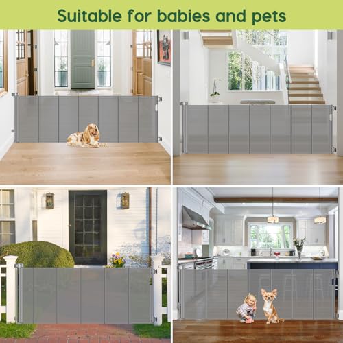 Reinforced 80 Inch Extra Wide Retractable Dog Gate to Prevent Crawling Through (Gray / 33" Tall x 80" Wide（ With Reinforced Bar ）)