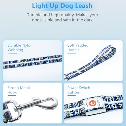 Light up Dog Leash USB Rechargeable for Small Medium Large Dogs (Bohemian Blue / L59in/W1in)