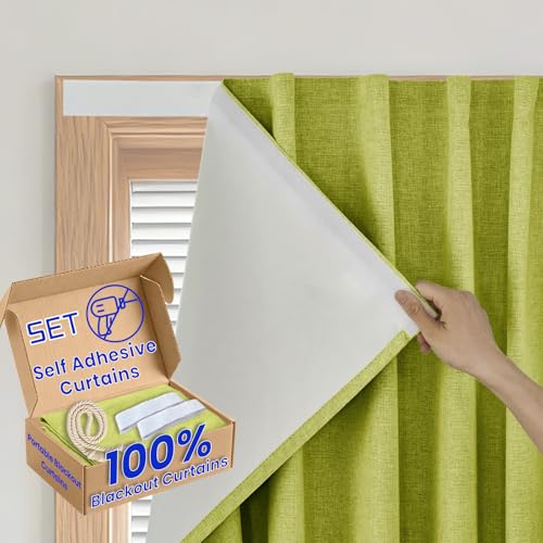 100% Blackout Self Adhesive Curtains Portable Curtain Simple and Easy to install Bedroom Window Thermal Lnsulated Kitchen Room Darkening Black Small Drapes (34"W x 72"L (Pack of 1) / Fruit Green)