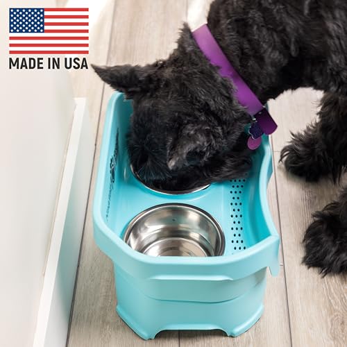 Neater Feeder Deluxe Mess Proof Dog Bowls Elevated for Medium Dogs 19 (Medium with Standard Bowl / Aquamarine)