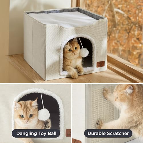 Cat House Bed for Indoor Cats with Fluffy Ball and Scratch Pad (Ivory / Single)