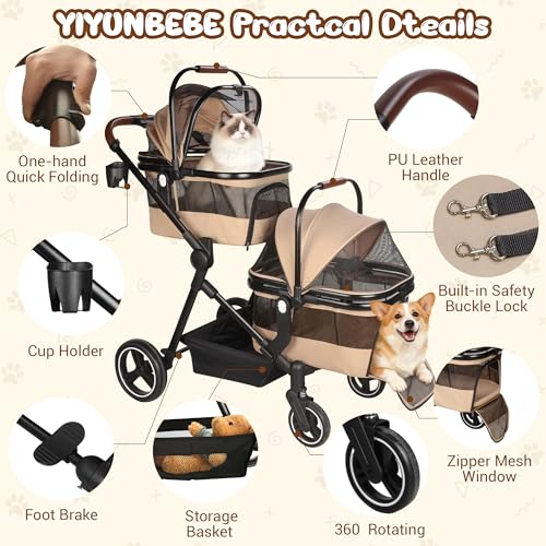 Foldable Double Pet Stroller for 2 Small Medium Cats Dogs (Khaki / Double)