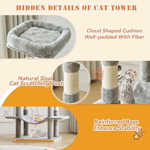 66 Inch Cat Tree Tower for Indoor Cats and Kittens (Light Grey / 66 IN)