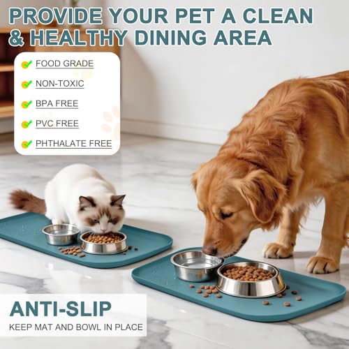 Waterproof Silicone Pet Food Mat with Raised Edge for Dog & Cat (19"L x 12"W / Slate Blue)