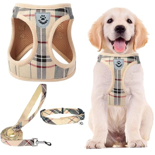 Adjustable Pet Harness Collar &Leash Set Step in for Small Dogs Puppy &Cats Outdoor Training &Running (Beige / M (CHEST 16"-18"))