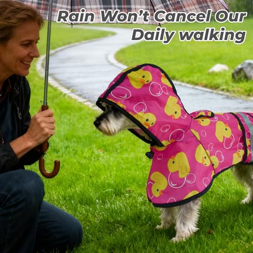Dog Raincoat Hooded Slicker Poncho with Leash Hole (S:10-15lbs / Pink Duck)
