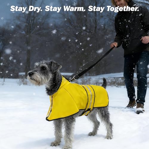 Winter Dog Raincoat Hooded Slicker Poncho with Leash Hole (M:15-20lbs / Yellow(Thick Fleece))