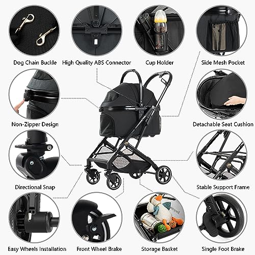 3-in-1 Pet Stroller for Small Medium Dogs Puppy Cat Stroller with Detachable Carrier & Pad Lightweight Foldable Aluminum Alloy Frame Dual No-Zip Entry(Black) (Black)