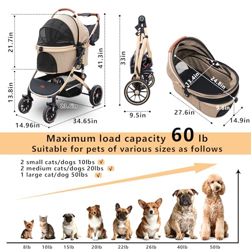 Dog Stroller with Removable Carrier Foldable Pet Stroller (Khaki)
