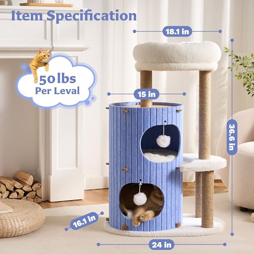 Modern Cat Tree for Indoor Small & Medium Cats (Denim Blue-36")
