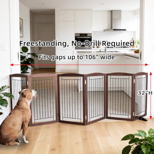 Freestanding Dog Fence Indoor (Brown / 【6 Panels】120''w x 32''h)