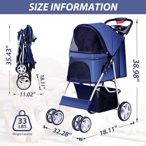 Foldable 4 Wheel Pet Stroller for Dogs Cats 10 (Navy Blue)