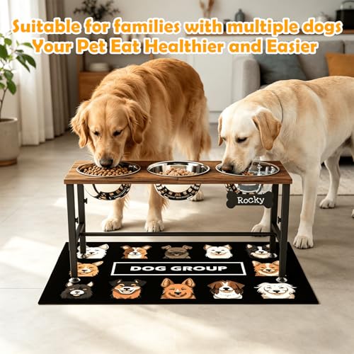 Triple Elevated Dog Bowls Stand for Multiple Dogs (Brown-L, 3 Bowls / Height:9-12.2inch)