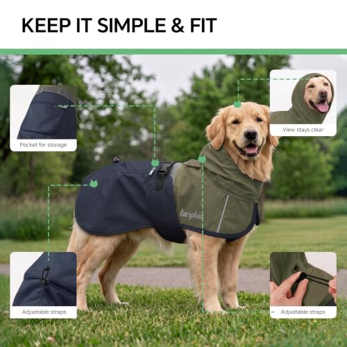 Dog Raincoat Adjustable Hooded Reflective Jacket with Pocket (Olive Navy / Large)
