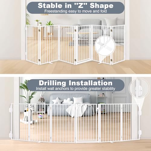 Metal Freestanding Dog Gates with Door for Outdoor Indoor (White / 【6 Panels with Door】 32''H*120''W)