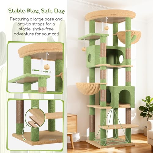 74in Cactus Heavy Duty Cat Tree Tower for Indoor Large Cats (Cactus Green / 74inch)
