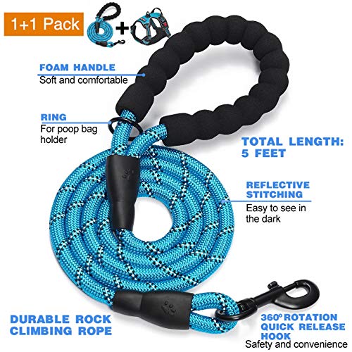 No Pull Dog Harness Adjustable Reflective Oxford Easy Control Medium Large Dog Harness with A Free Heavy Duty 5ft Dog Leash (Blue / X-Large)