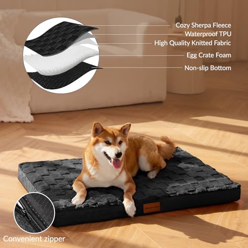 Orthopedic Large Dog Bed Washable Pet Crate Mat 36''X24'' Black (Black / 36"L x 24"W x 3.5"Th)