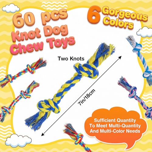 60 Pcs Dog Toys Bulk Chew Ropes Dental Cotton Teething 2 Knot Tug of War Toy for Small and Medium Dogs Puppies
