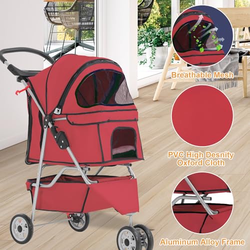 3 Wheel Pet Stroller for Dogs & Cats (Red / 3 Wheels)