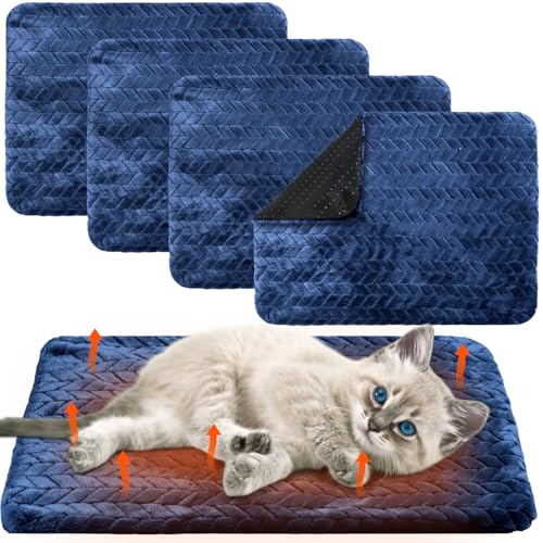4 Pack Self Warming Cat Bed Mat Self Heating Pad for Dog Extra Warm Winter Pet Pad Washable Thermal Pads Mats for Pets Indoor Outdoor (Navy Blue / 16 x 20 Inch)