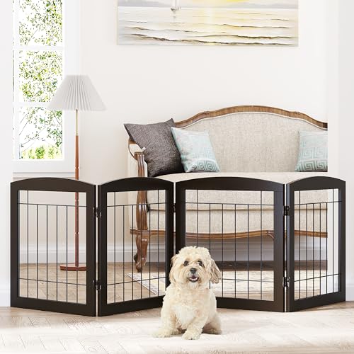 Free Standing Dog Gates for Doorway (Espresso / 【4 Panels】80"W x 24"H)