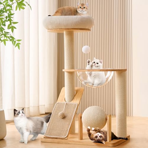 Solid Wood Cat Tree Tower with Scratching Post (White-Corduroy)