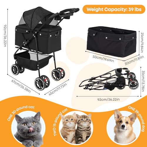 Pet Stroller Dog Stroller for Small Medium Dogs Cats (Black)