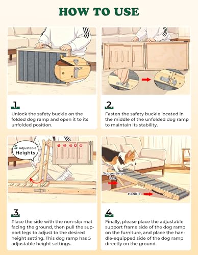 Dog Ramp for Small & Medium Dogs Foldable Pet Ramp for Bed Sofa (Natural Wood / Up to 75 lbs)