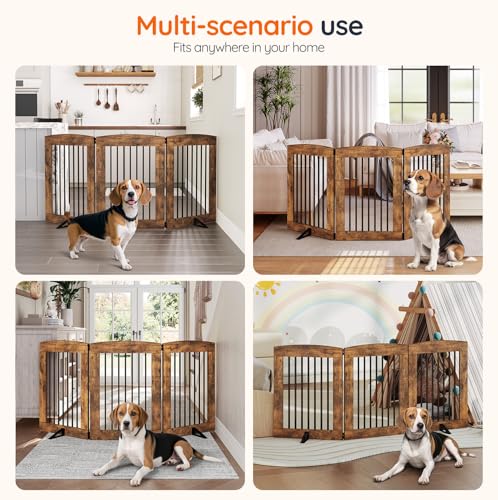 Indoor Dog Gate with Support Feet (Rustic Brown / 【3 Panels】61.4"L x 31.5"H)