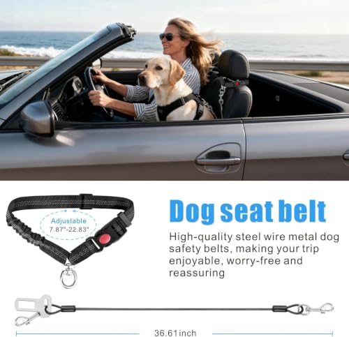 Dog Seat Belt for Car Stainless Steel 3 in 1 Dog Seatbelt Black (Black)